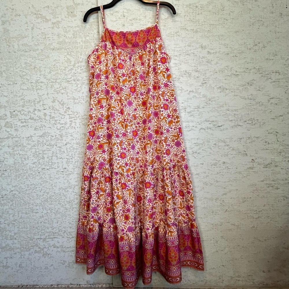 Gigio Floral Pink Purple Orange Women's Maxi Dress Sz L Boho Cottagecore Pairie